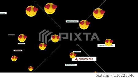 Image of media and emoji icons on black background 116223346
