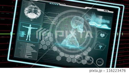 Image of medical data processing over financial data processing on black background Image of medical data processing over financial data processing on black background 116223476