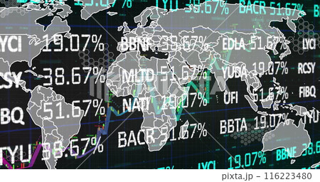 Image of stock market over world map on black background Image of stock market over world map on black background 116223480