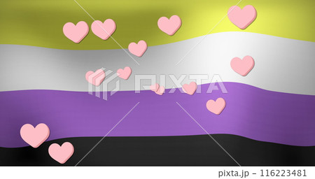 Image of hearts floating over striped flag 116223481