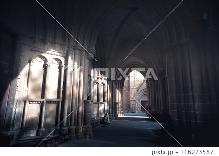 Sunlight is illuminating the entrance of an ancient gothic Cathedral of Saint Sophia (Selimiye Mosque). Nicosia, Cyprus 116223587