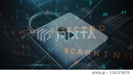 A digital lock icon is displayed with words MALWARE DETECTED and SCANNING overlaid A digital lock icon is displayed with words MALWARE DETECTED and SCANNING overlaid 116223676