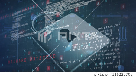 A digital lock icon surrounded by various codes and text MALWARE DETECTED A digital lock icon surrounded by various codes and text MALWARE DETECTED 116223706
