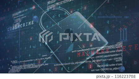 A digital padlock is floating over background filled with code and text A digital padlock is floating over background filled with code and text 116223708