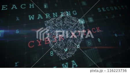 Digital shield graphic with CYBER ATTACK warning text displayed on screen 116223736
