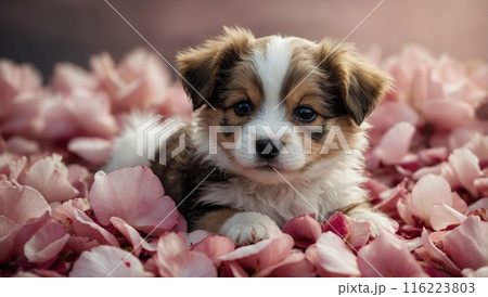 a puppy with blue eyes laying on a pink flower bed. 116223803