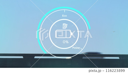 Digital battery icon with eco and power modes displayed on clear blue sky Digital battery icon with eco and power modes displayed on clear blue sky 116223899