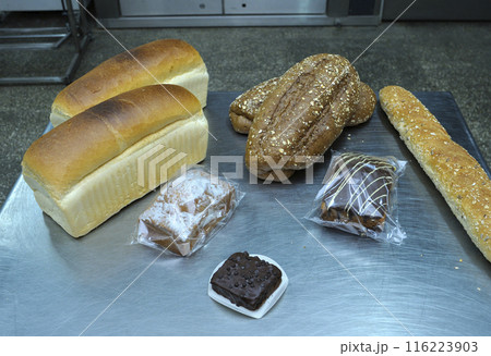 Dutch bakery products placed on a tray: bread, rolls, muffins Dutch bakery products placed on a tray: bread, rolls, muffins 116223903