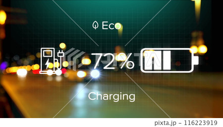 Digital display shows battery charging status with eco-friendly icons Digital display shows battery charging status with eco-friendly icons 116223919