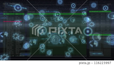 Digital interface with various holographic elements and data points floating 116223997