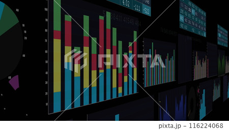 Colorful bar graphs and charts displayed on multiple screens 116224068