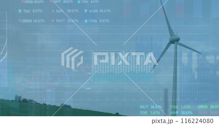 Graphical data overlays wind turbine in a rural landscape Graphical data overlays wind turbine in a rural landscape 116224080