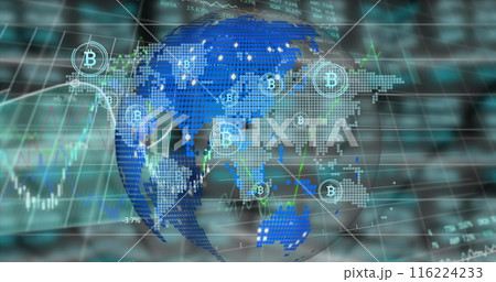 Digital world map with Bitcoin symbols and data charts 116224233