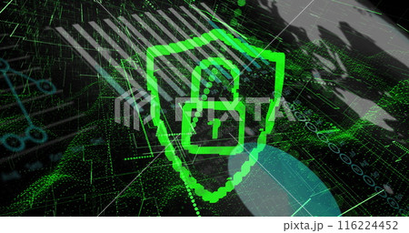 Image of online security padlock data processing over green mesh 116224452