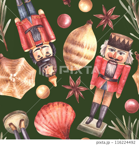 Pattern with Vintage Christmas ornaments Nutcracker toy, tree branch, red, gold balls, cone, shell, star. Xmas seamless winter clipart Watercolor painted illustration on isolated dark green background Pattern with Vintage Christmas ornaments Nutcracker toy, tree branch, red, gold balls, cone, shell, star. Xmas seamless winter clipart Watercolor painted illustration on isolated dark green background 116224492