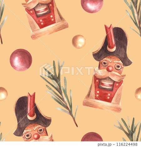The Nutcracker toy, with branch of Christmas fir tree Red and gold balls Watercolor seamless pattern. Wooden soldier, traditional new year decor. Hand drawn illustration Isolated coloured background The Nutcracker toy, with branch of Christmas fir tree Red and gold balls Watercolor seamless pattern. Wooden soldier, traditional new year decor. Hand drawn illustration Isolated coloured background 116224498