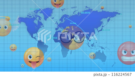 Image of world map with data processing over emoji icons on blue background 116224567