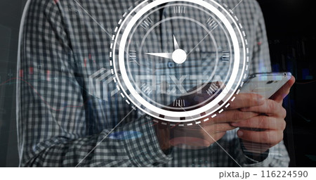 Image of clock and data processing over caucasian businessman using smartphone 116224590
