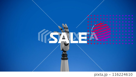 Image of sale text and shapes over robotic hand on blue background 116224610