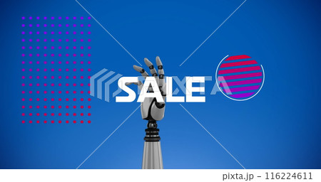 Image of sale text and shapes over robotic hand on blue background 116224611