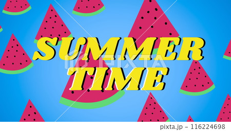 Image of summer time over watermelons on blue background 116224698