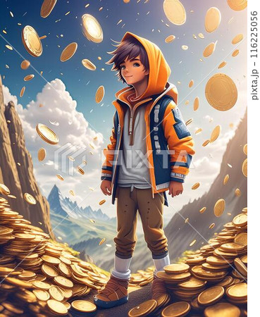 空から沢山降ってくるコインと喜ぶ男性	 116225056