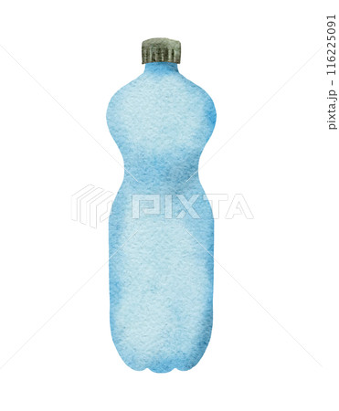 Blue plastic Water Bottle. Watercolor transparent container for a drink. Hand drawn illustration on isolated background. For sports marathon, fitness flyers, Environment pollution poster, Save the 116225091