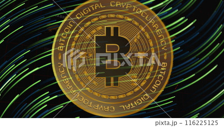 Image of data processing and trails over bitcoin 116225125