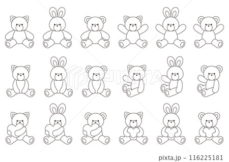 かわいいくまとうさぎとねこのぬいぐるみのベクターイラストセット アイコン ハート 動物 かわいいくまとうさぎとねこのぬいぐるみのベクターイラストセット アイコン ハート 動物 116225181