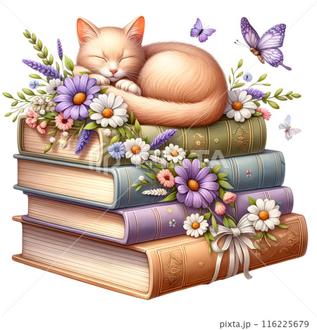 3d stack of books with sleeping cat  3d stack of books with sleeping cat  116225679