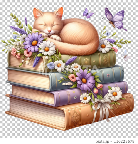 3d stack of books with sleeping cat  3d stack of books with sleeping cat  116225679