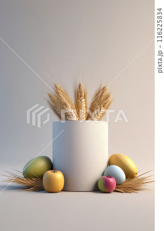 Jewish holiday of happy shavuot concept with fruits, wheat and milk. Jewish holiday of happy shavuot concept with fruits, wheat and milk. 116225834