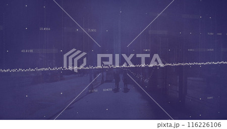 Image of dots, changing numbers and graphs over people walking on street 116226106