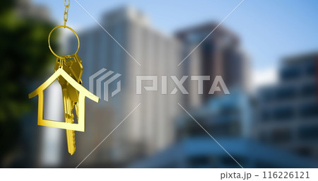 Image of golden key and house over cityscape Image of golden key and house over cityscape 116226121