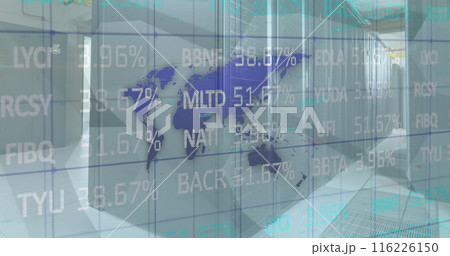 Image of stock market data data processing over world map against computer server room Image of stock market data data processing over world map against computer server room 116226150