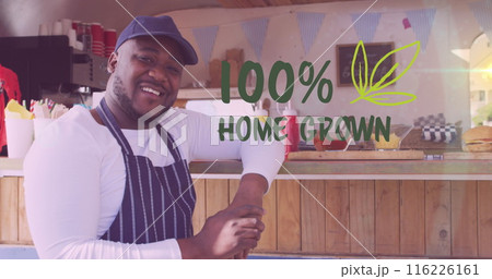 Image of 100 percent home grown over african american man working in food truck Image of 100 percent home grown over african american man working in food truck 116226161