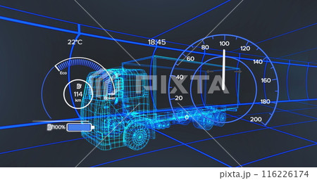 Image of car interface over digital truck on black background Image of car interface over digital truck on black background 116226174