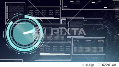 Image of neon ticking clock and arrow icons against interface with data processing 116226186