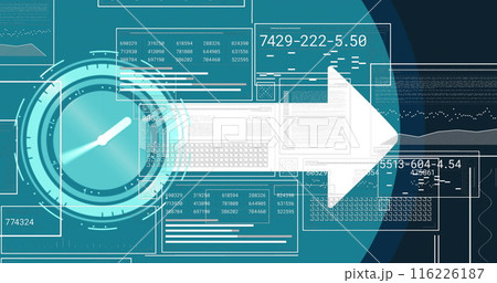 Image of neon ticking clock and arrow icons against interface with data processing Image of neon ticking clock and arrow icons against interface with data processing 116226187