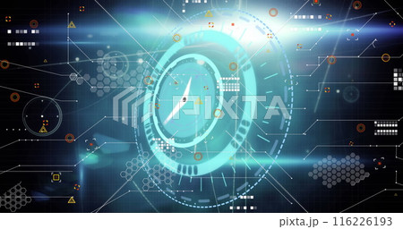Image of neon ticking clock and round scanner over network of connections and data processing Image of neon ticking clock and round scanner over network of connections and data processing 116226193