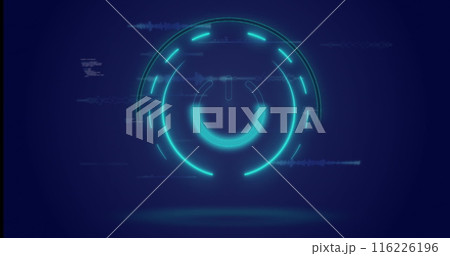 Image of neon round scanner and light trails over data processing on blue background 116226196