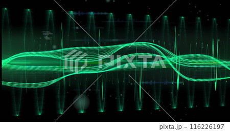 Image of data processing over green digital wave and light spot against black background Image of data processing over green digital wave and light spot against black background 116226197