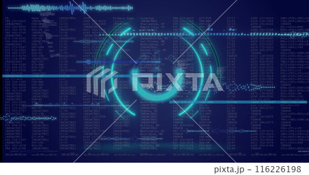 Image of neon round scanner and light trails over data processing on blue background Image of neon round scanner and light trails over data processing on blue background 116226198