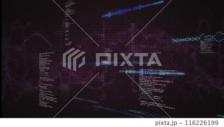 Image of data processing over purple digital wave against purple background Image of data processing over purple digital wave against purple background 116226199