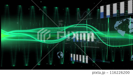 Image of green digital wave and light spot over statistical data processing on black background Image of green digital wave and light spot over statistical data processing on black background 116226200