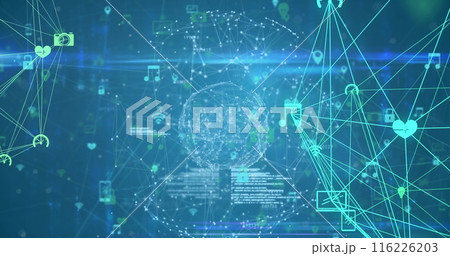 Image of connected icons and dots forming globes against abstract background Image of connected icons and dots forming globes against abstract background 116226203