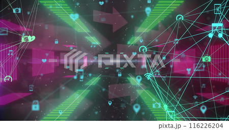 Image of connected icons over illuminated bars forming tunnel against arrows in background 116226204