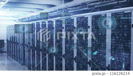 Image of round scanners and mathematical equations against mosaic squares over server room 116226214