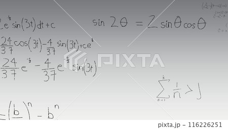 Image of mathematical equation and diagrams against abstract background 116226251
