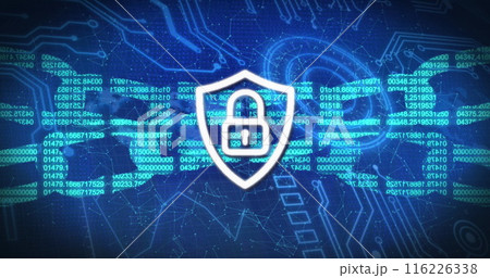 Image of security padlock, shield and chain icon on round scanner and microprocessor connections 116226338